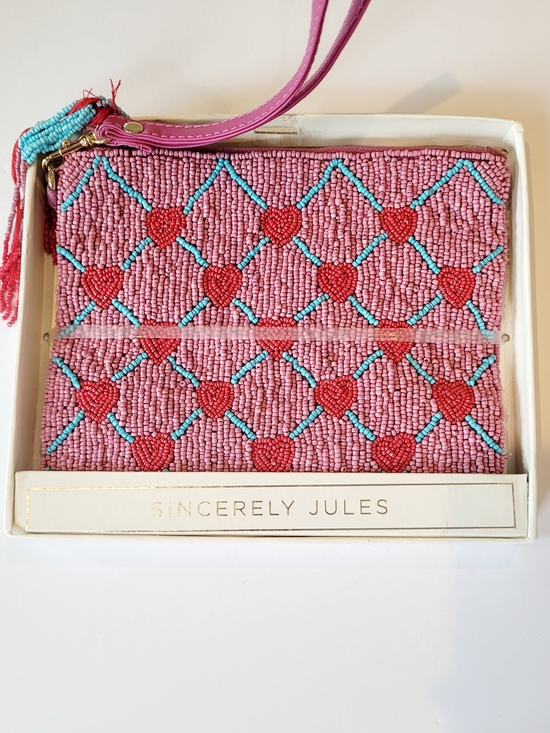 Sincerly Jules Handbags - Sincerly Jules Pink Beaded Heart Wristlet with Turquoise Accents